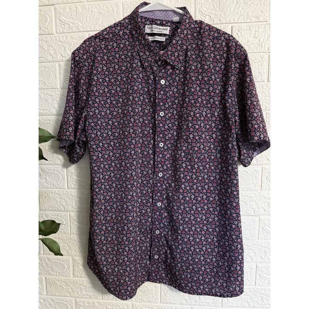 Nick Graham Mens Short Sleeve Button Down Floral Shirt XL Multicolor Stretch